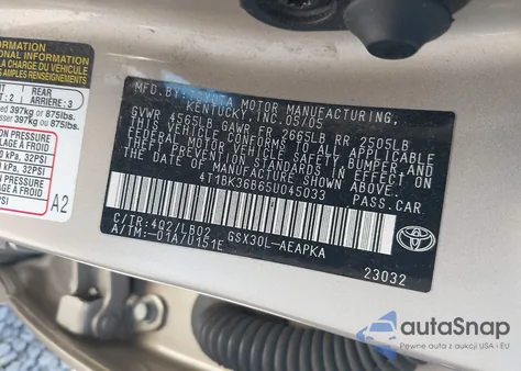 2005 Toyota Avalon Limited z USA, uszkodzony, nr VIN 4T1BK36B65U045033